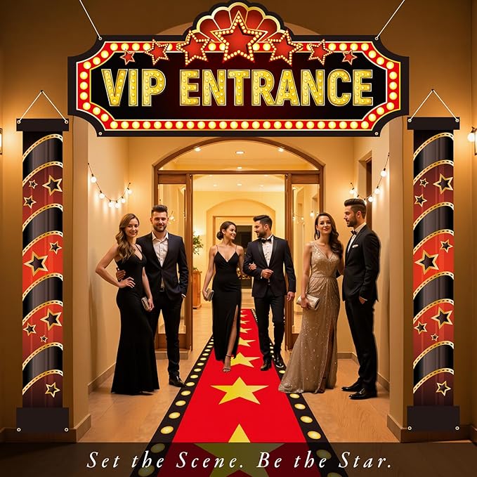 Movie Night Porch Sign Banner 4 Pcs Decorations Set with Red Carpet