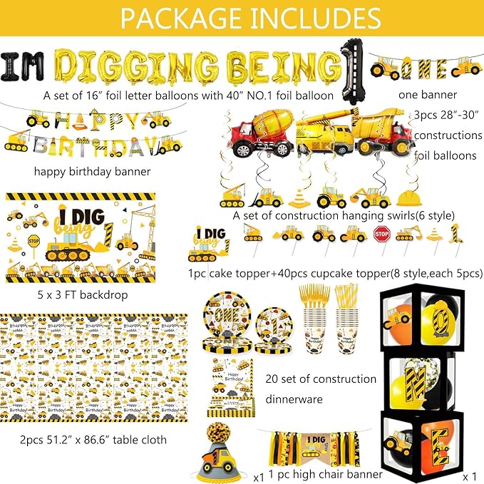 345 Pcs Construction 1st Birthday Party Supplies Dump Truck One Year