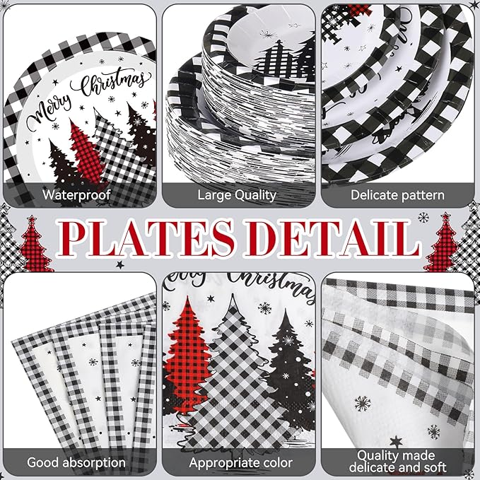 452 Pcs Christmas Tree Party Supplies for 50, Black Buffalo Plaid