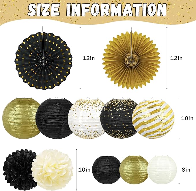 14Pcs Black and Gold Party Decorations Hanging Paper Lanterns Fans