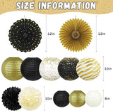 14Pcs Black and Gold Party Decorations Hanging Paper Lanterns Fans
