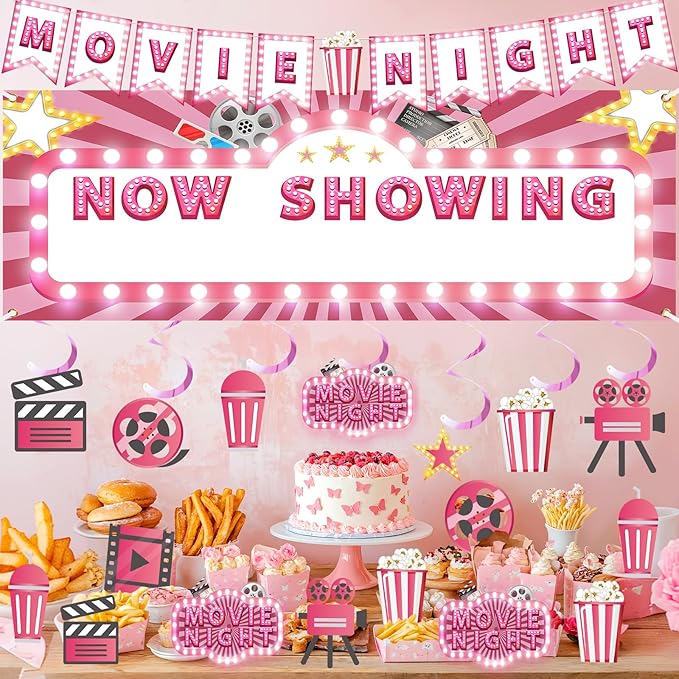 Pink Movie Night Party Decorations 36Pcs Now Showing Party Supplies