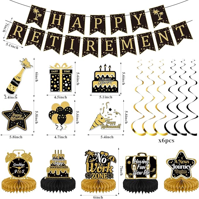 22Pcs Retirement Party Decorations for Men Women Black and Gold