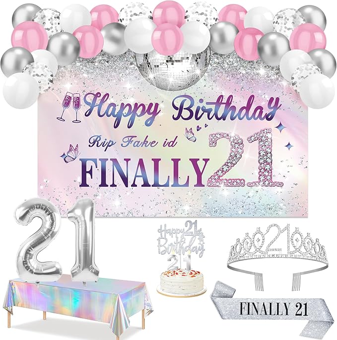 21st Birthday Decorations for Her with Finally 21 Banner Iridescence