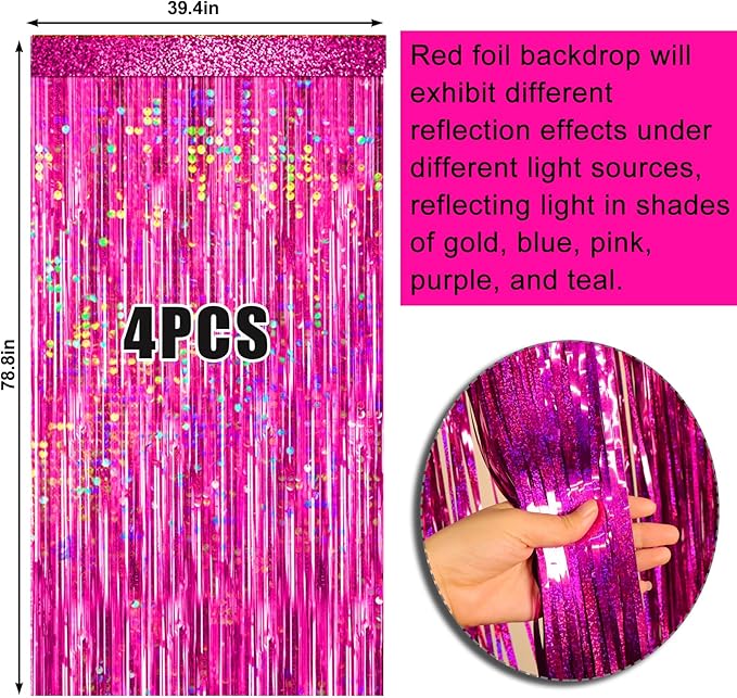 4 Packs Hot Pink Foil Fringe Curtain, Pink Glitter Metallic Tinsel