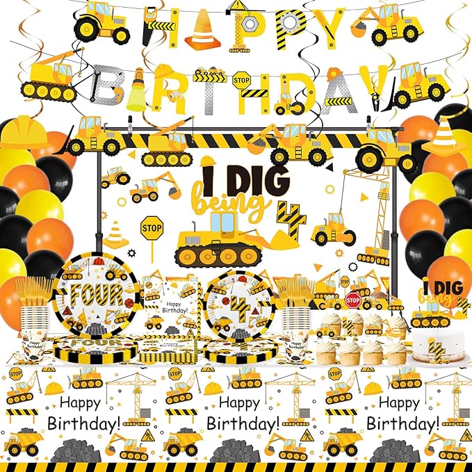 178 Pcs Construction 4th Birthday Party Supplies Dump Truck Four