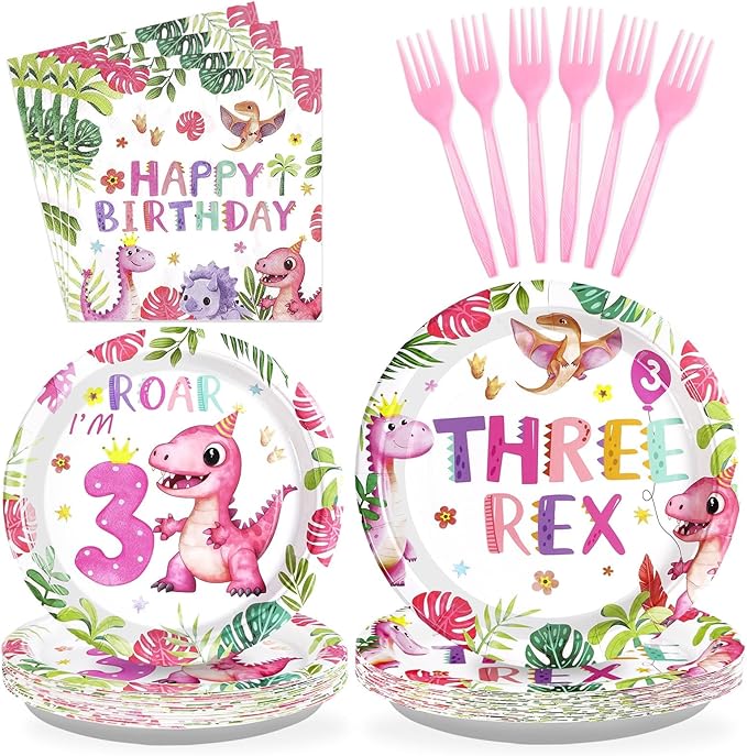96 Pcs Pink Dinosaur Birthday Decorations for 3rd Girls Dino Theme