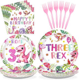 96 Pcs Pink Dinosaur Birthday Decorations for 3rd Girls Dino Theme