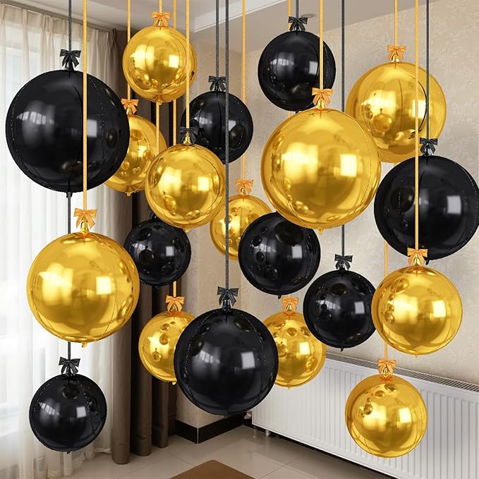 Togvu Black Gold Round Foil Balloons, 16PCS Different Sizes 4D