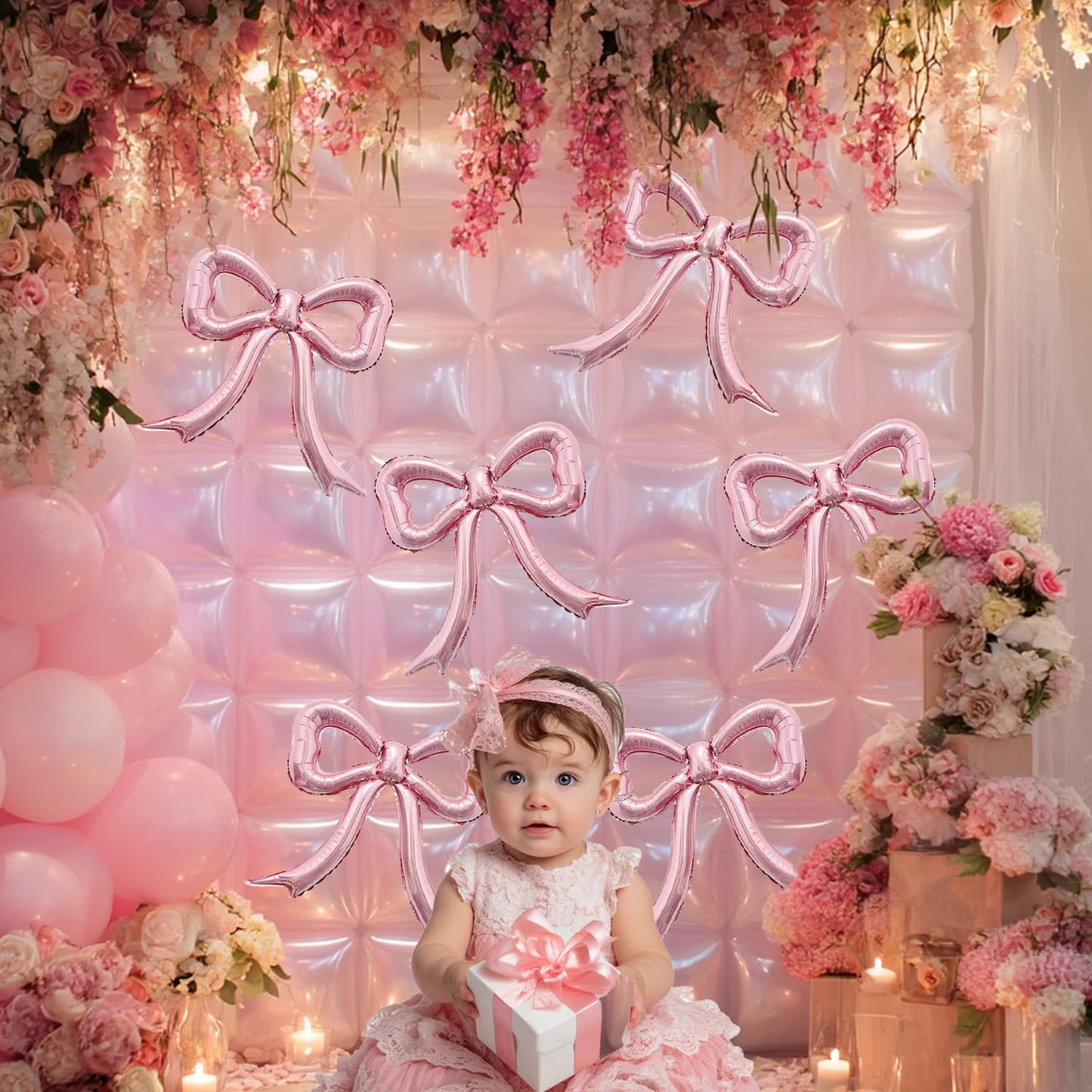 6pcs Pink Bow Foil Balloons Set Bow Mylar Balloons for Coquette