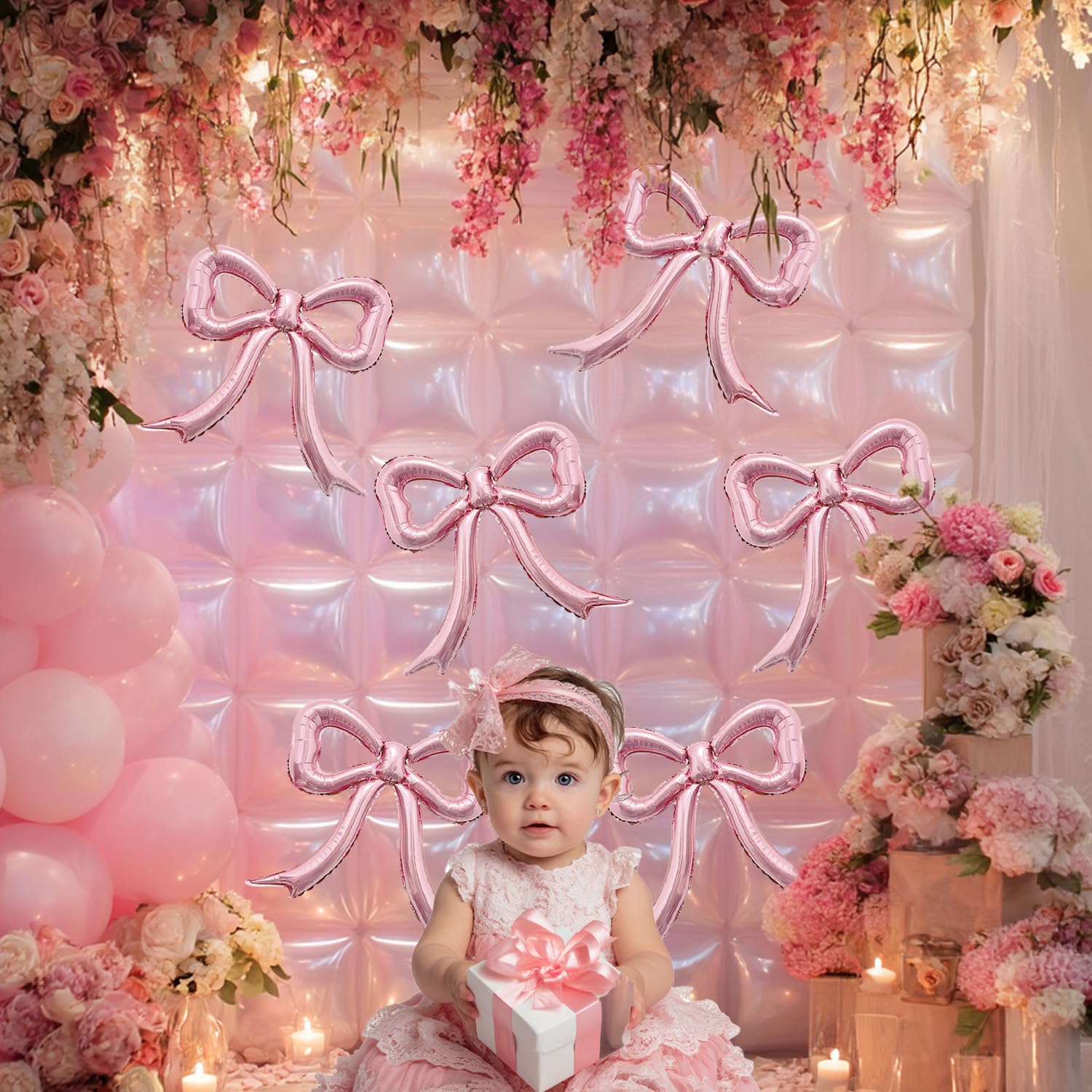 6pcs Pink Bow Foil Balloons Set Bow Mylar Balloons for Coquette