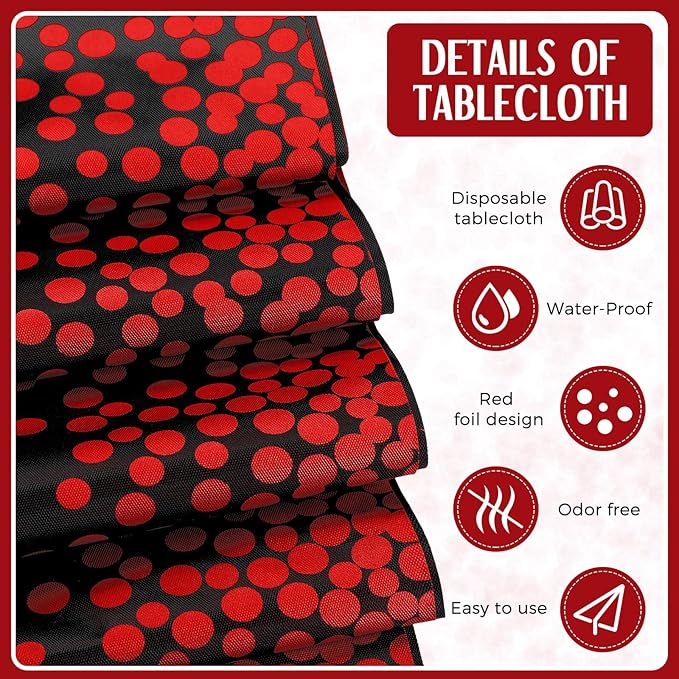 Breling 8 Pack Black and Red Disposable Plastic Tablecloths and Satin