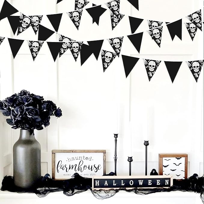 32Ft Black White Halloween Party Decorations Skull Fabric Pennant