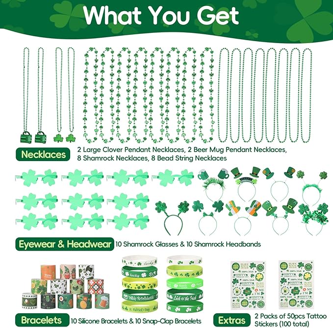 62pcs St Patricks Day Accessories Headbands Necklace Shamrock Beads
