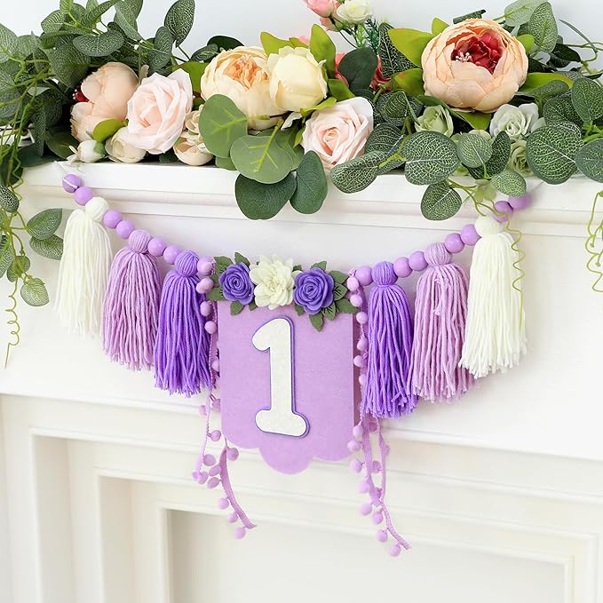 Handmade Wildflower 1st Birthday HighChair Banner Purple White Party