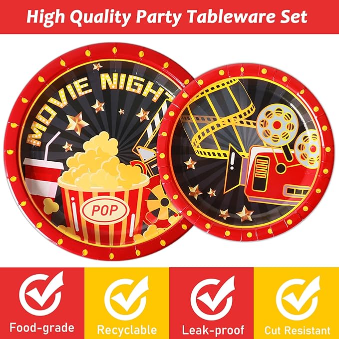 96 Pcs Movie Night Party Supplies Paper Plates Napkins Movie Party
