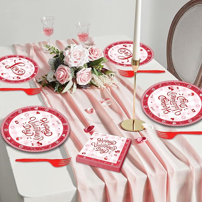 96 Pieces Valentine's Day Tableware Set Red and White Disposable