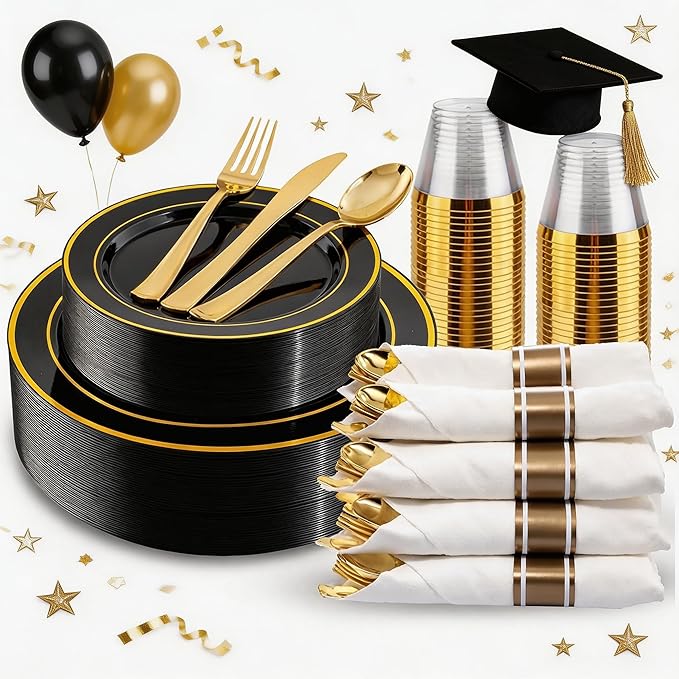 WDF Partyware 175PCS Black and Gold Plates - Black Disposable Plates
