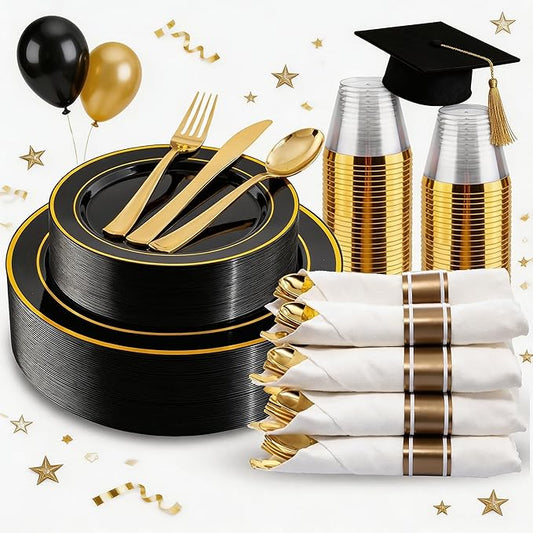 WDF Partyware 175PCS Black and Gold Plates - Black Disposable Plates