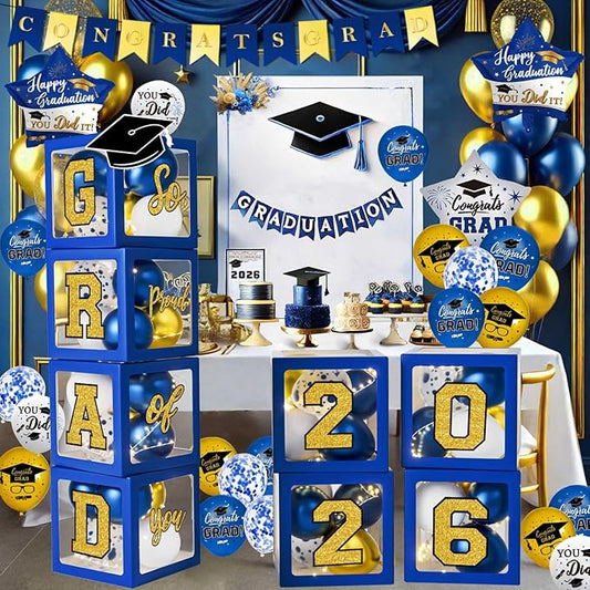 Graduation Decorations Class of 2026 - Blue and Gold Balloons Boxes