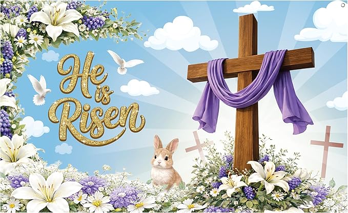 Large Happy Easter Banner 72x44 Inch He is Risen Backdrop for Easter