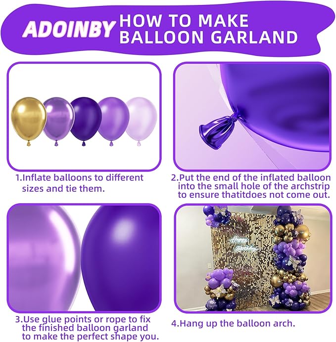 Purple and Gold Balloons Arch Kit, 140Pcs Dark Purple Metallic Gold