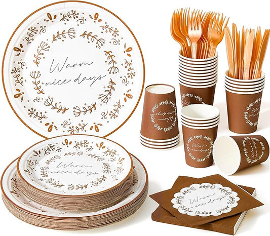 144Pcs Boho Birthday Party Supplies Decorations Brown Flower Paper