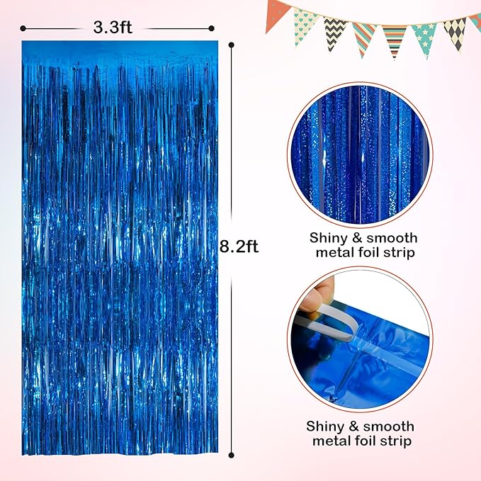 Blue Metallic Tinsel Foil Fringe Curtains, 2 Pack 3.3x8.3 Feet Party