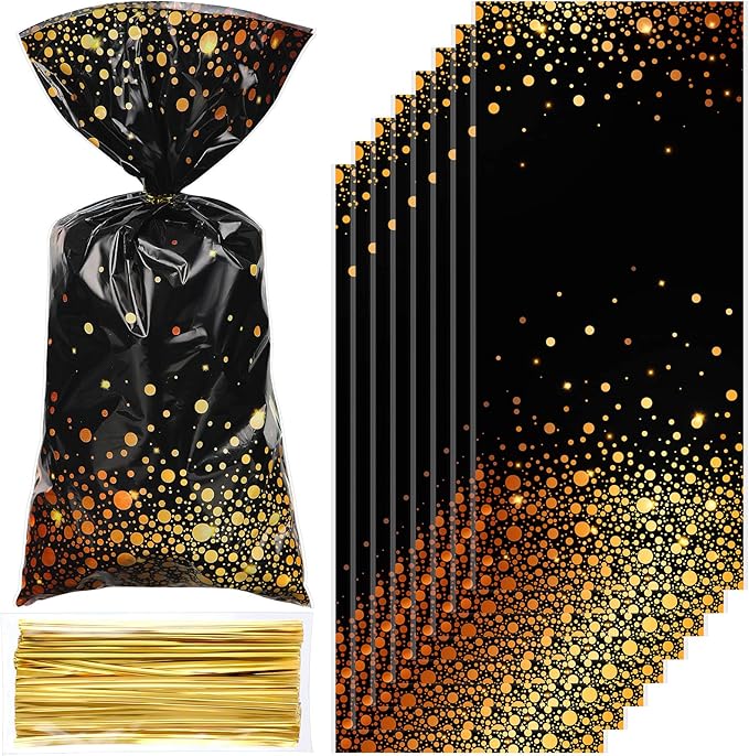 Censen 100 Pieces Graduation Cellophane Treat Bags Black and Gold