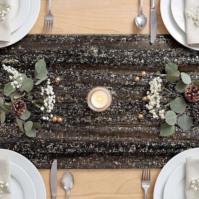 Artoid Mode Black Gold Gauze Table Runner 59x120 Inch 10FT, Glitter