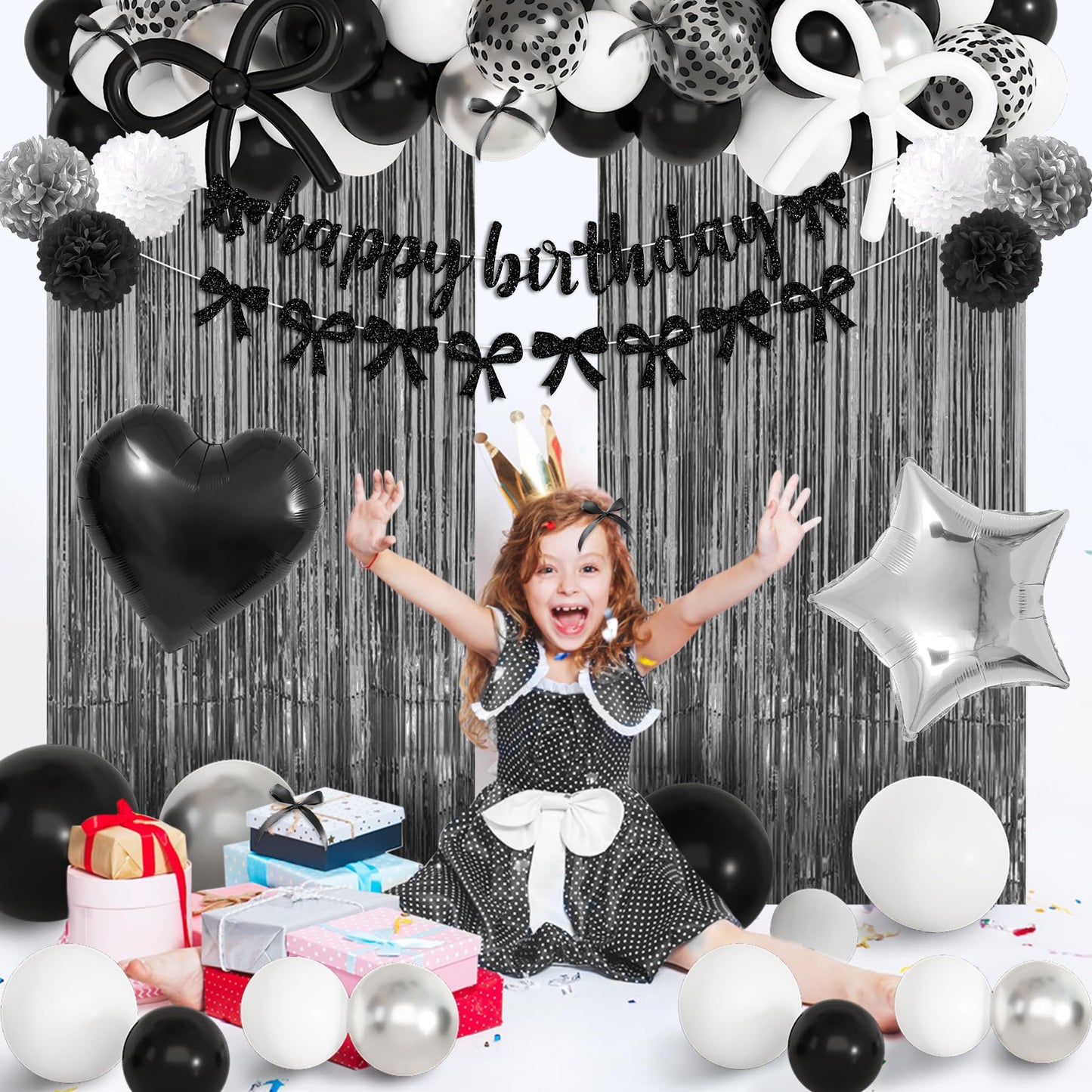 Black Bow Birthday Party Decorations, Coquette Bow Black and White
