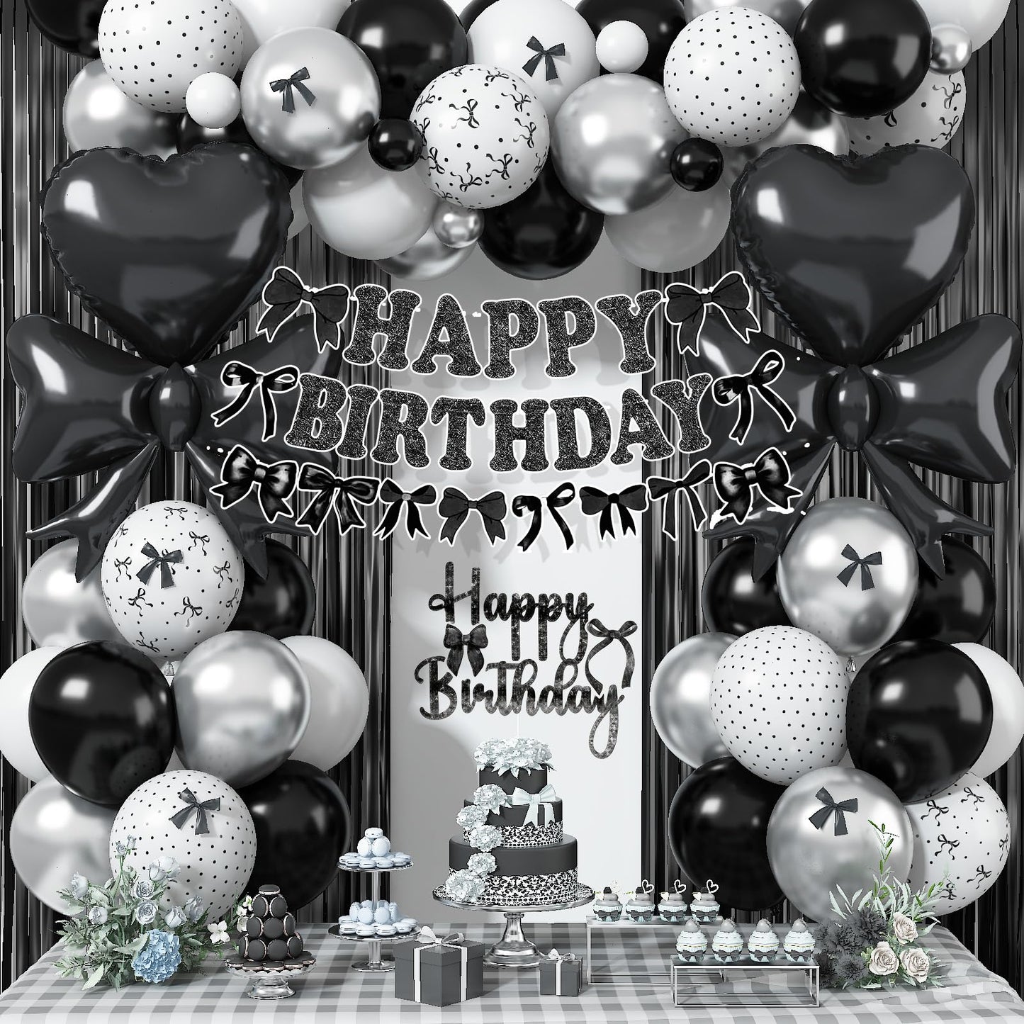 Black Bow Birthday Party Decorations, Coquette Bow Black and White