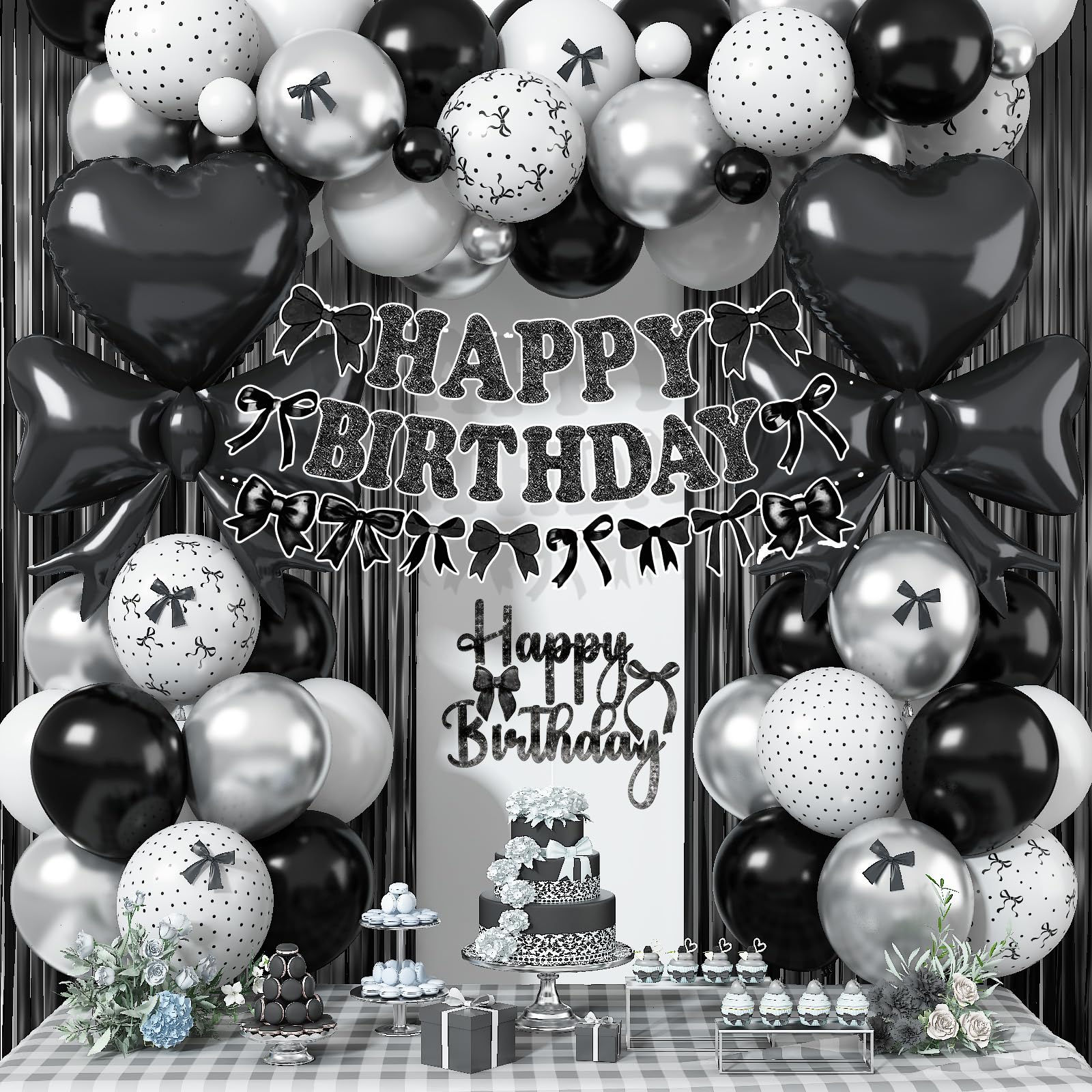 Black Bow Birthday Party Decorations, Coquette Bow Black and White