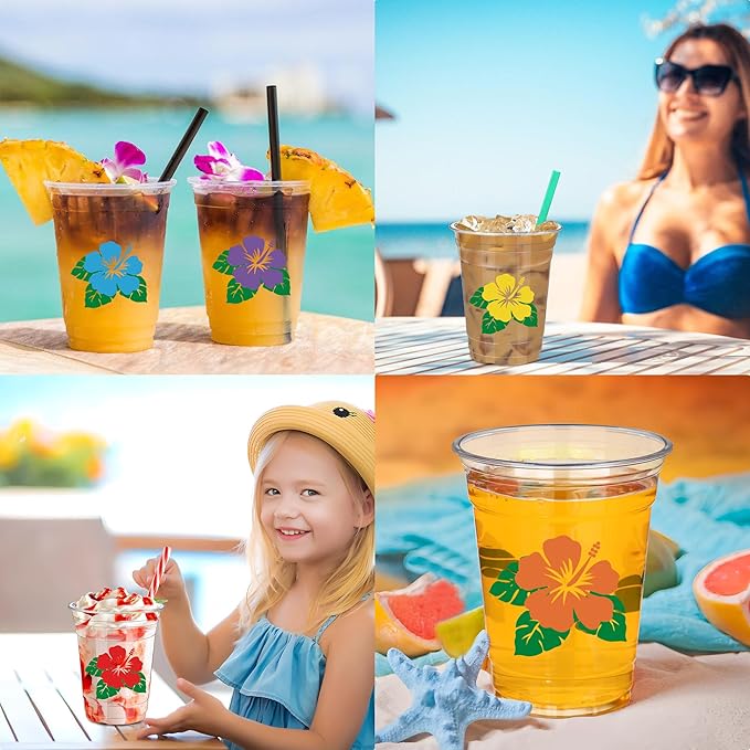 48 Pcs Hawaii Luau Cups 12 oz Plastic Tropical Floral Cups Hawaiian