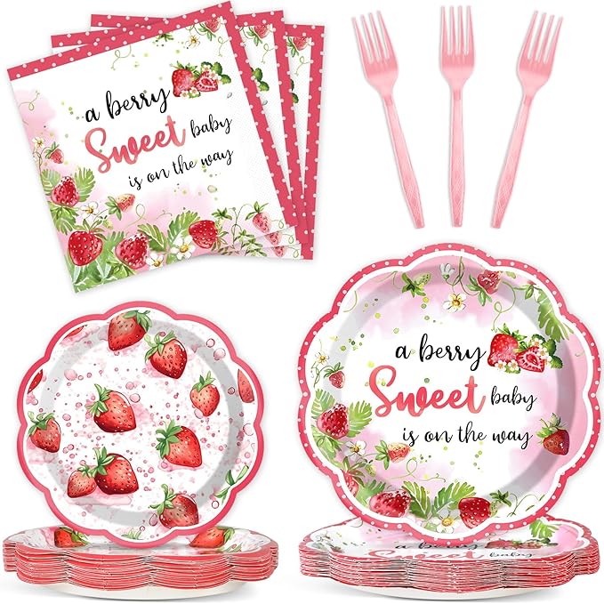 100 Pcs Strawberry Baby Shower Party Plates Napkins Forks Supplies