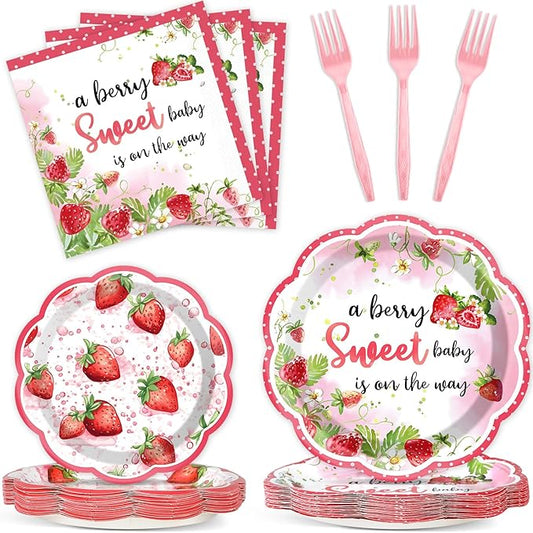 100 Pcs Strawberry Baby Shower Party Plates Napkins Forks Supplies
