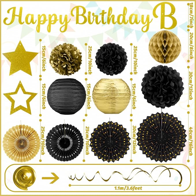 Black Gold Birthday Party-Decorations - 29pcs Black Gold Party