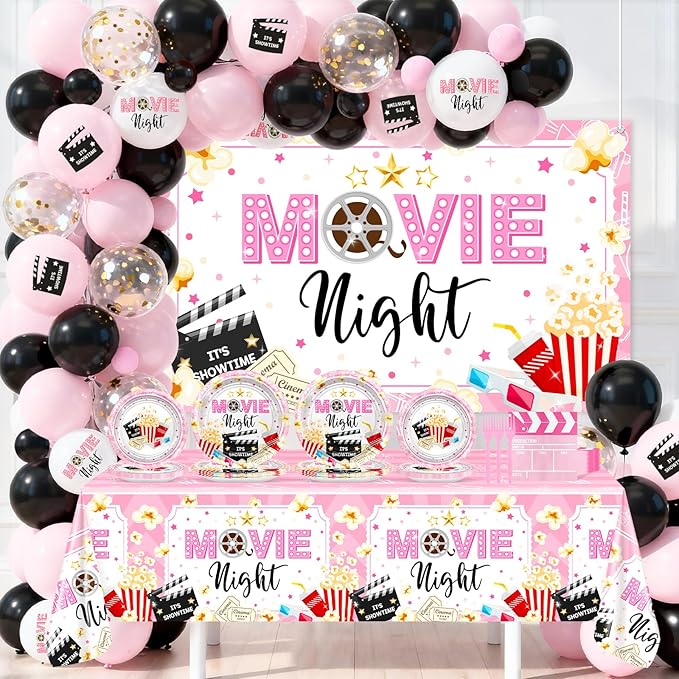 Pink Movie Night Party Decorations Kit Movie Banner Cute Popcorn