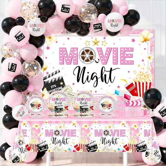 Pink Movie Night Party Decorations Kit Movie Banner Cute Popcorn