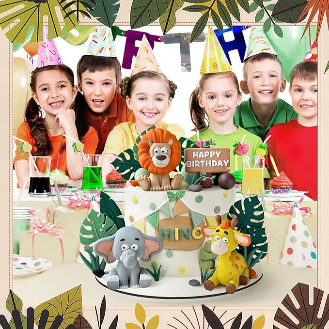 19pcs Safari Animal Cake Topper Jungle Wild Cake Toppers with Leaves
