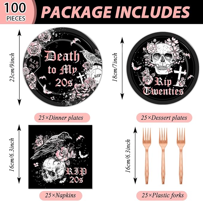 100 Pcs 30th Birthday Party Supplies Death to My 20s Paper Plates
