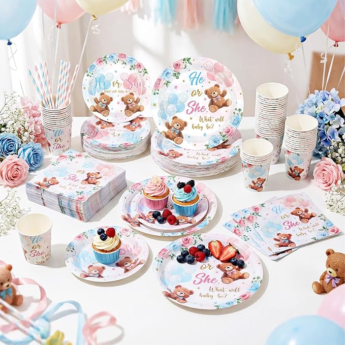 250 Pcs Bear Gender Reveal Paper Plates and Napkins Party Supplies