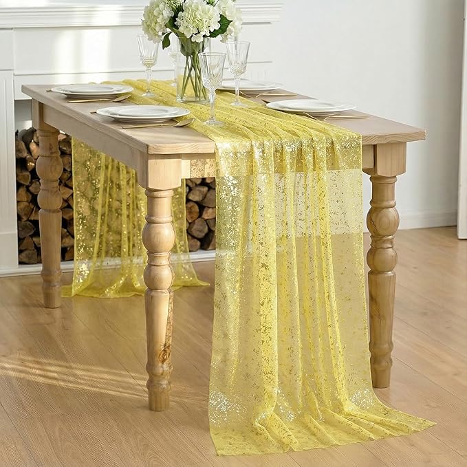Artoid Mode Light Yellow Gold Gauze Table Runner 59x120 Inch 10FT,