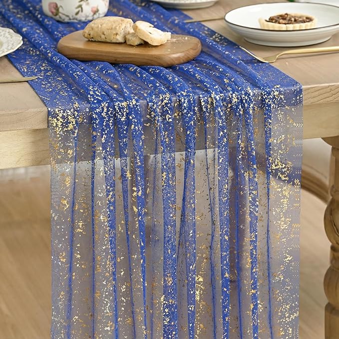 Artoid Mode Blue Gold Gauze Table Runner 59x120 Inch 10FT, Glitter