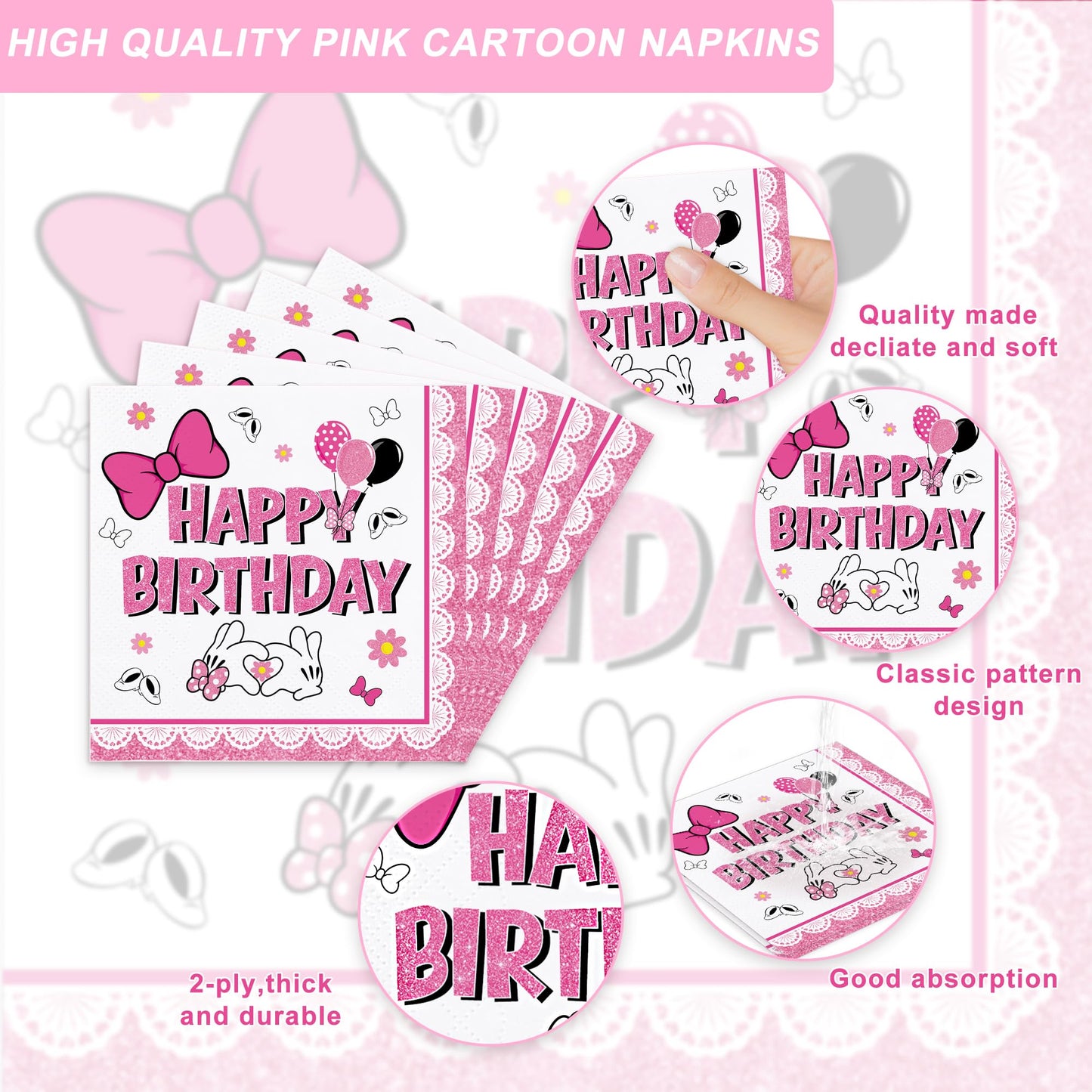 120pcs Pink Bow Mouse Plates Napkins Cartoon Birthday Party Supplies