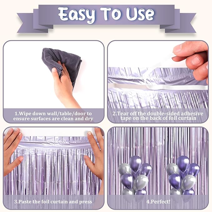 Voircoloria 3 Pack 3.3 x 8.2 ft Light Purple Foil Fringe Backdrop