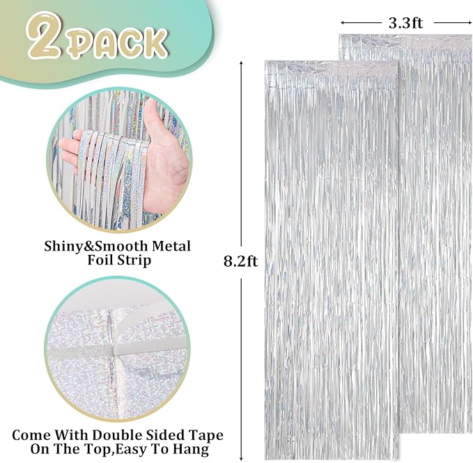 Voircoloria 2 Pack Laser Silver Foil Fringe Backdrop Curtains, Tinsel