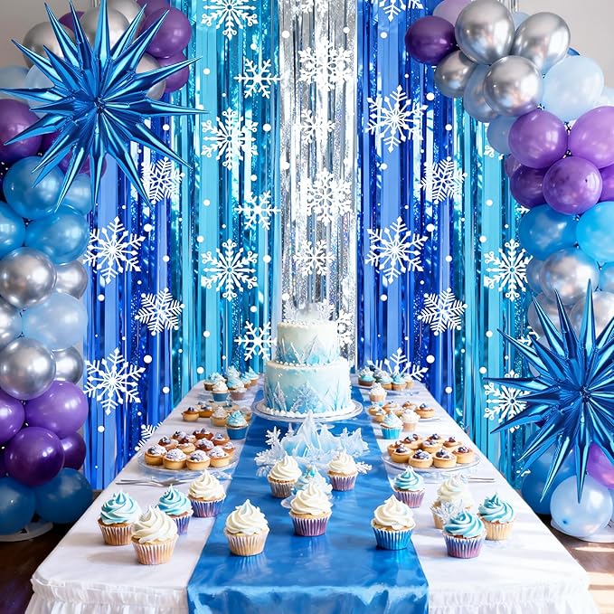 2 Packs Snowflake Foil Fringe Curtain, Blue Silver Ice Glitter