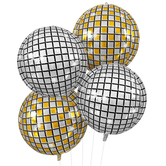 Disco Ball Balloons Gold Silve 4PC,Foil Disco Balloons 22 Inch 4D