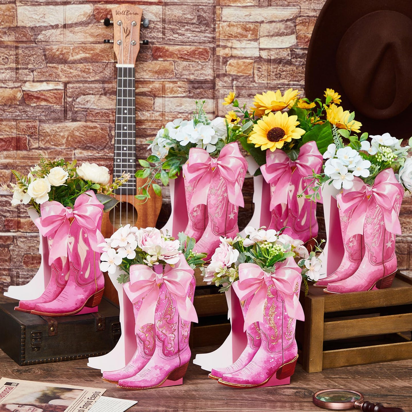 Memorywuu 12 Set Pink Western Cowgirl Bow Boots Flower Boxes